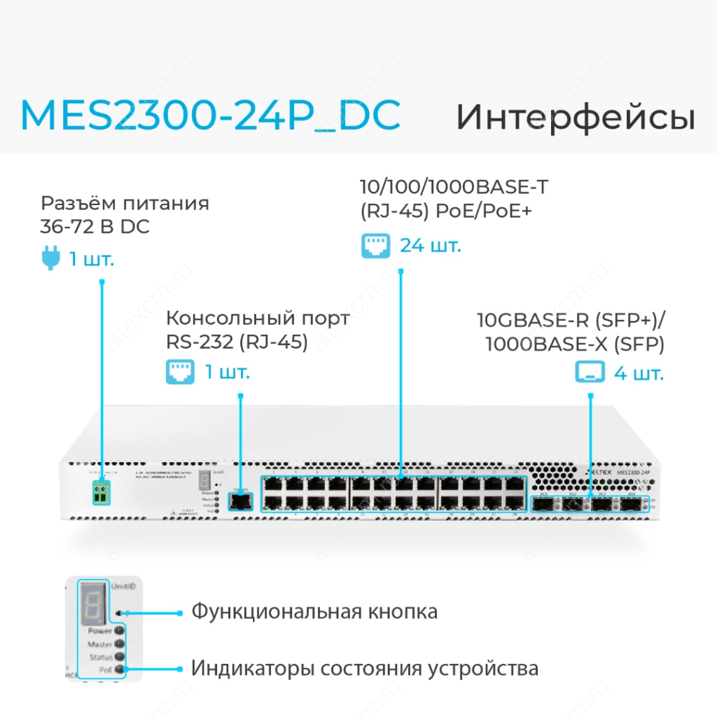 MES2300-24P_DC Eltex | Коммутатор доступа 24 порта 1G PoE, 4 порта 10G