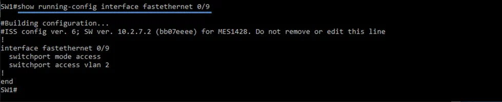 Рисунок 2 &ndash; Просмотр настроек выбранного интерфейса (fastethernet 0/9)