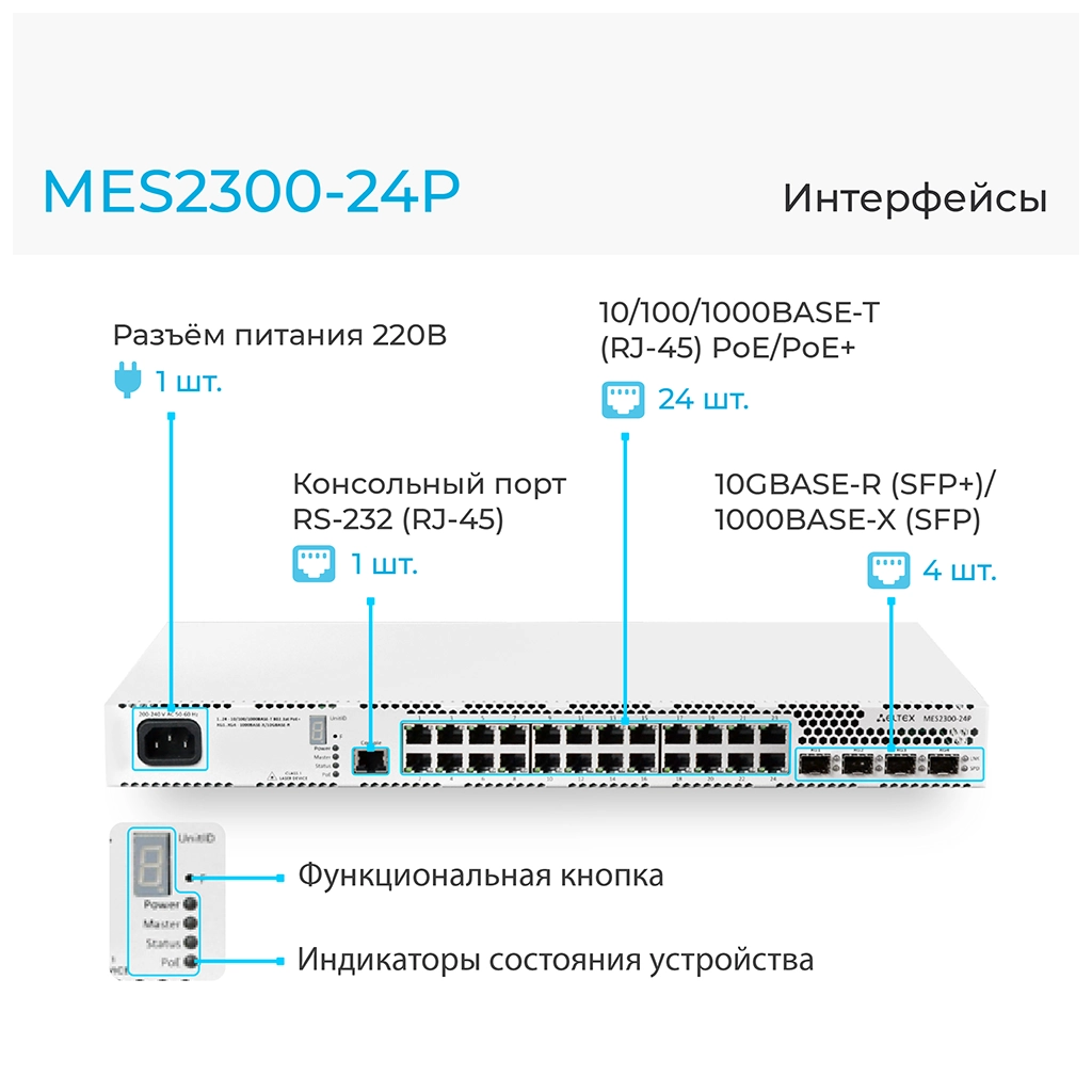 MES2300-24P Eltex | Коммутатор доступа 24 порта 1G PoE, 4 порта 10G