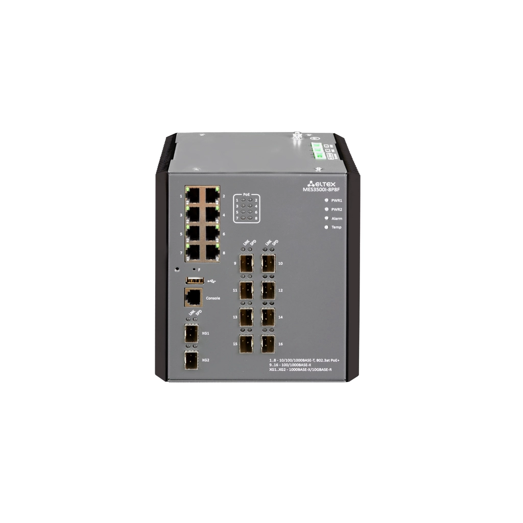 MES3500I-8P8F Eltex | Промышленный коммутатор 8 портов 1G PoE/PoE+, 8 портов 1G SFP и 2 порта 10G SFP+
