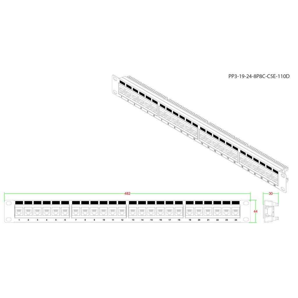 Патч-панель 19", 24 порта неэкран. RJ-45, кат.5E, 1U. Hyperline