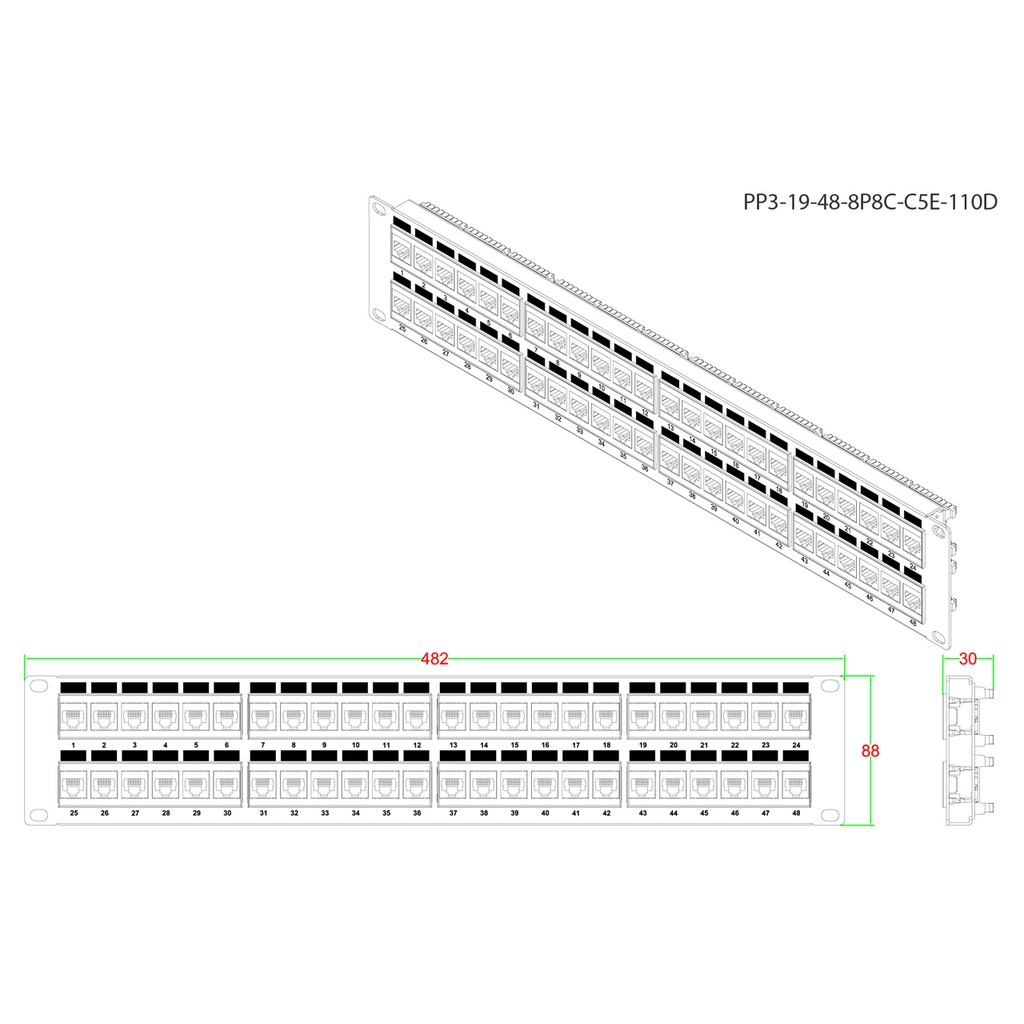 Патч-панель 19", 48 портов неэкран. RJ-45, кат.5E, 2U. Hyperline