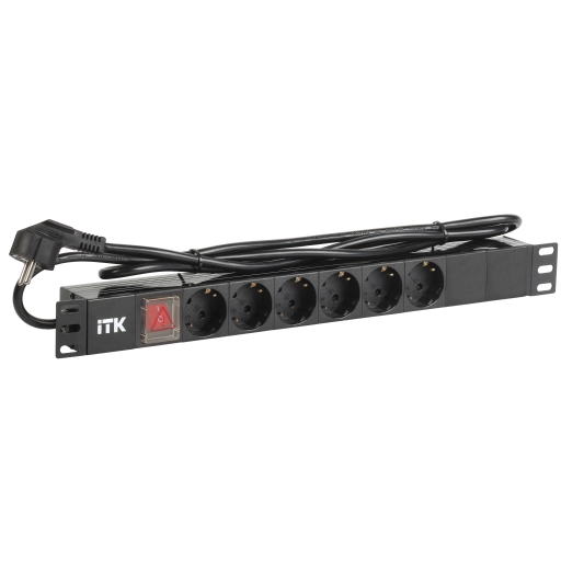 ITK PDU 6 розеток DIN49440 (нем. станд.) с LED выключателем, 1U, шнур 2м вилка DIN49441 (нем. станд.), профиль из ПВХ, черный