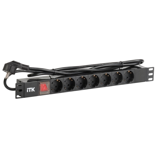 ITK PDU 7 розеток DIN49440 (нем. станд.) с LED выключателем, 1U, шнур 2м вилка DIN49441 (нем. станд.), профиль из ПВХ, черный
