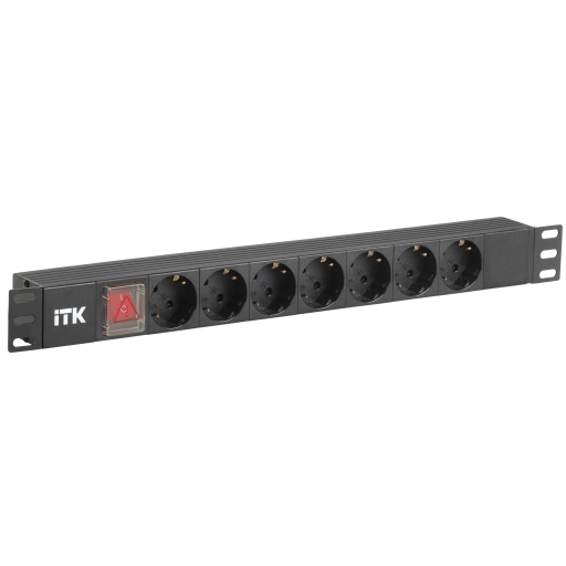 ITK PDU 7 розеток нем. стандарт, с LED выключателем,1U, без шнура, вх. C14, алюминиевый профиль