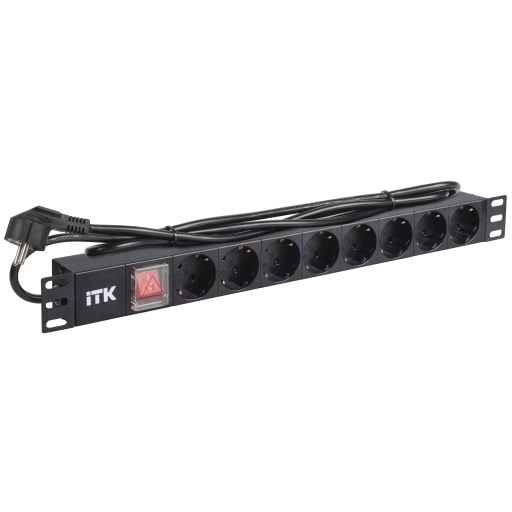 ITK PDU 8 розеток нем. стандарт, с LED выключателем, 1U, шнур 2м вилка нем. стандарт, алюминиевый профиль
