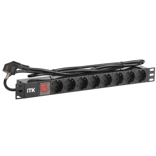 ITK PDU 8 розеток DIN49440 (нем. станд.) с LED выключателем, 1U, шнур 2м вилка DIN49441 (нем. станд.), профиль из ПВХ, черный