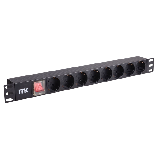 ITK PDU 8 розеток нем. стандарт, с LED выключателем,1U, без шнура, вх. C14, алюминиевый профиль