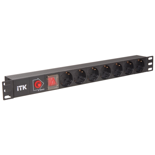 ITK PDU 7 розеток нем. стандарт, с LED выключателем и защитой от перенапряжения, без шнура, вх. C14, алюминиевый профиль