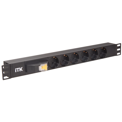 ITK PDU 6 розеток DIN49440 (нем. станд.), с автоматом на 10А, 1U, без шнура, вх. IEC320 C14, алюминиевый профиль, черный