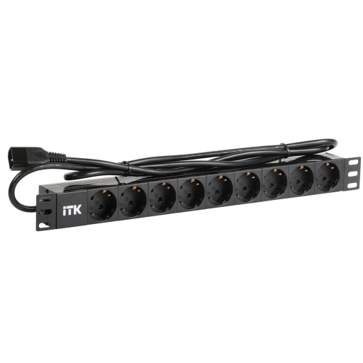ITK PDU 9 розеток DIN49440 (нем. станд.) 1U, шнур 2м вилка IEC 320 C14, алюминиевый профиль, черный